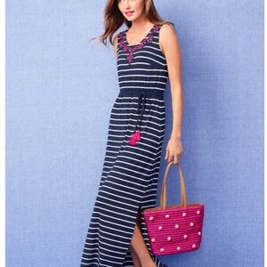TALBOTS EMBROIDERED TASSEL-BELT STRIPE JERSEY MAXI DRESS